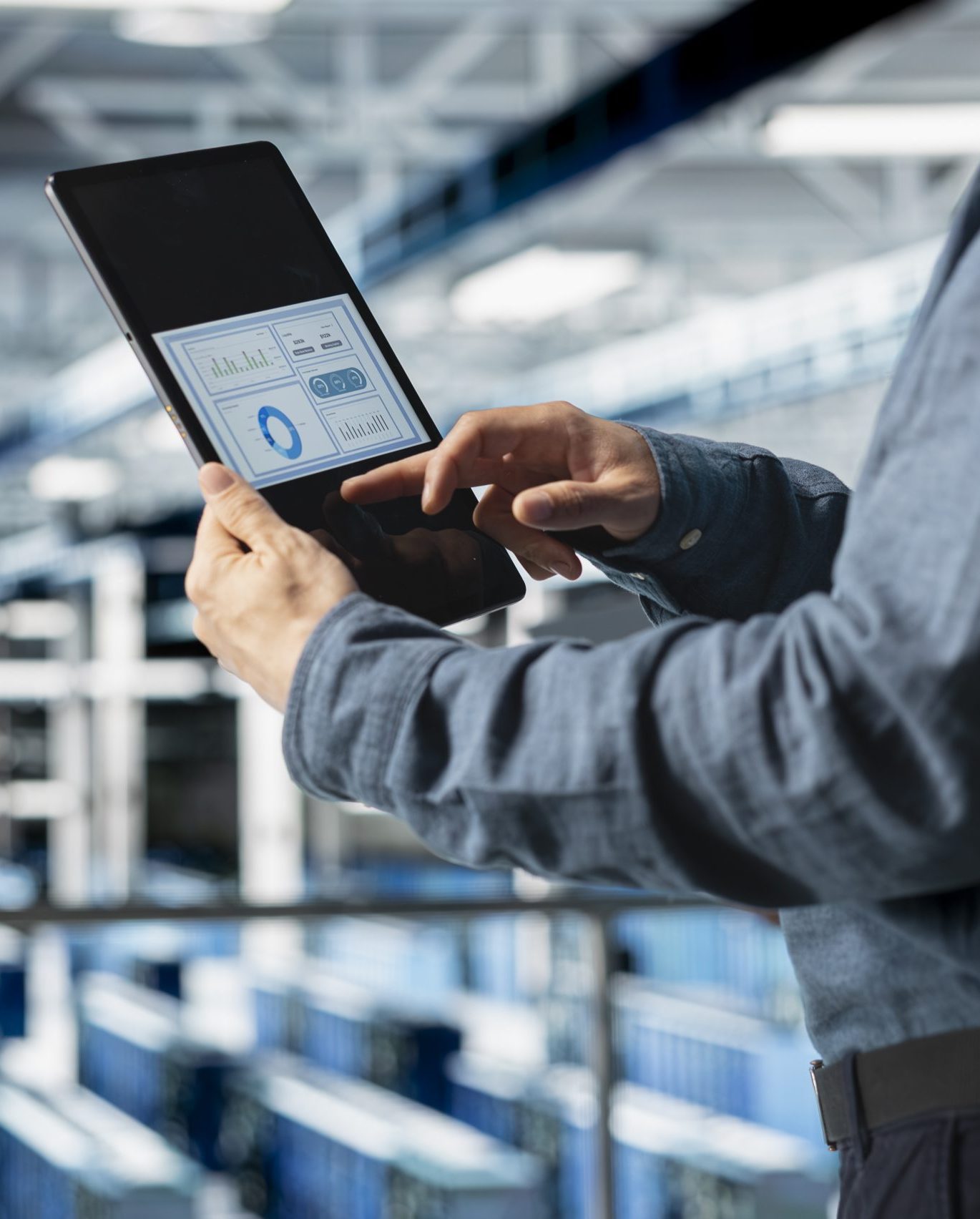 Close up of server room employee analyzing equipment metrics on device screen. Data center engineer looking at analysis charts on tablet from data gathered by infrastructure rigs